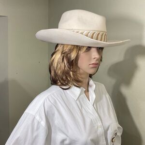 Olive & Pique off white Wool Felt Wide Brim Rancher Hat Tan Band Adjustable OSFM